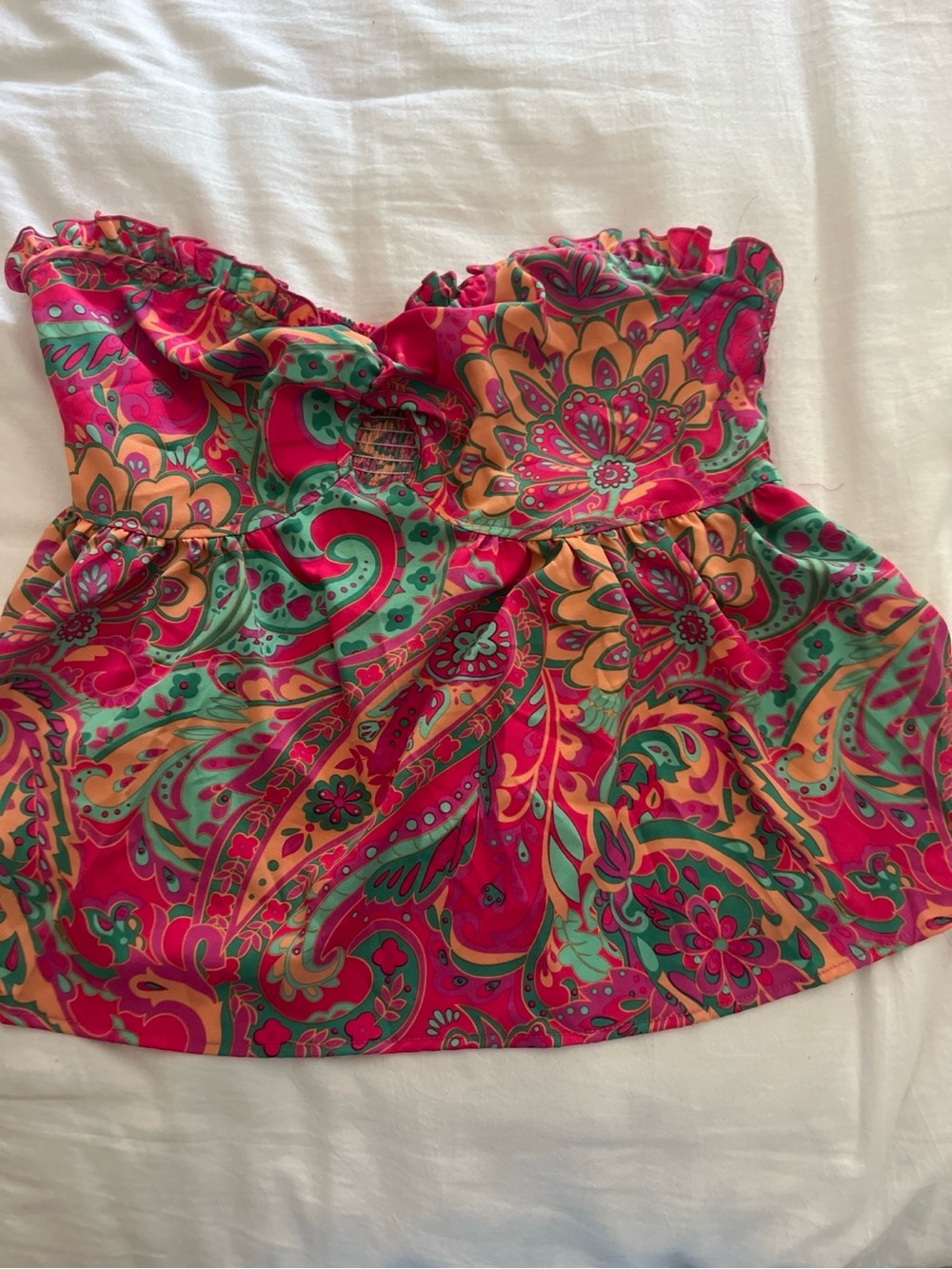 Bright Floral Paisley Strapless Peplum Tube Top - Pink & Teal- Size Large